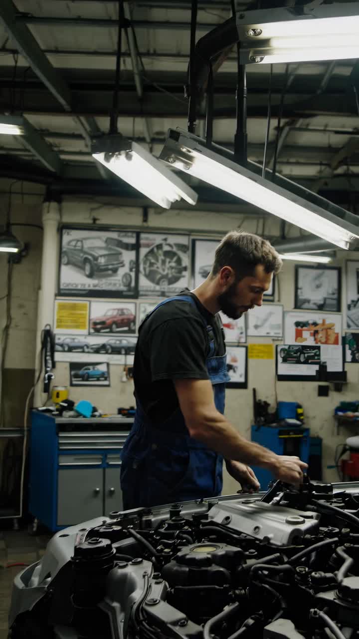 Mechanic in overalls works on car engine in a garage