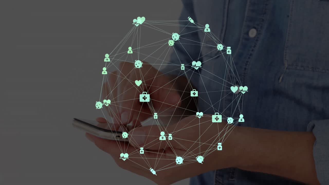 animación del globo con una red de conexiones con iconos digitales sobre una mujer que usa un teléfono inteligente