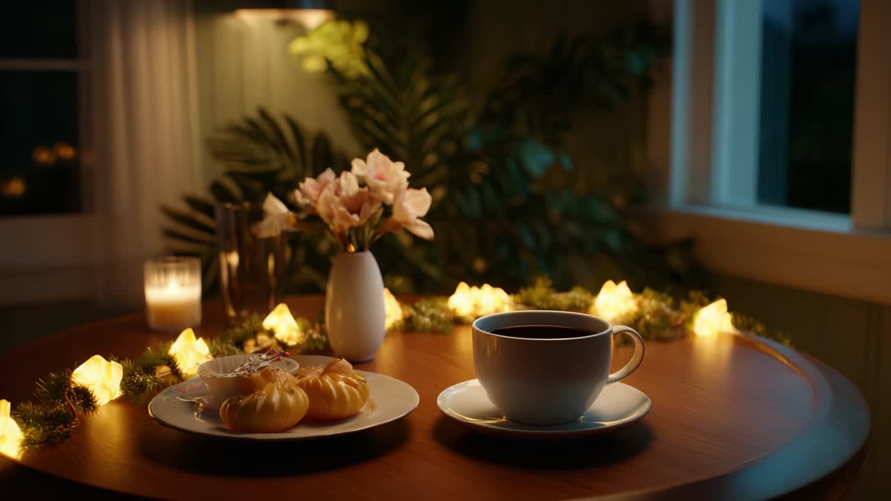 A Serene Evening Setup with Freshly Brewed Coffee, Delicious Treats, and Delicate Flowers on a Warmly Lit Wooden Table Surrounded by Subtle Greenery and Soft Ambient Lighting for Relaxation