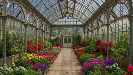 a vibrant floral sanctuary: a lush greenhouse filled with a breathtaking array of colorful flowers and intricate architecture, inviting serenity and beauty