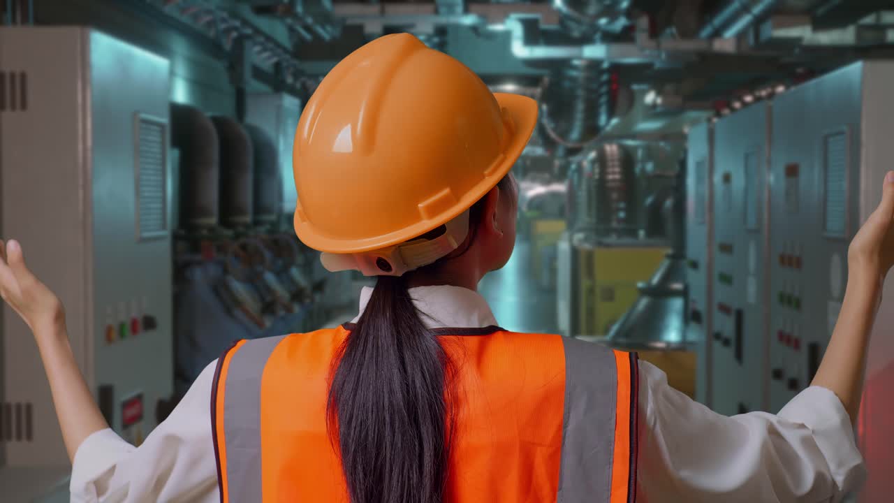 Close Up Back View Of A Female Engineer With Safety Helmet Spreading Arms While Standing In Engine Control Room, Work Of Electrical Generators