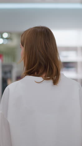 dama caminando en el pasillo de la tienda minorista con estantes de ropa bien dispuestos, mostrando diversos estilos y colores, la atmósfera tranquila y brillantemente iluminada destaca su enfoque mientras explora la moda moderna