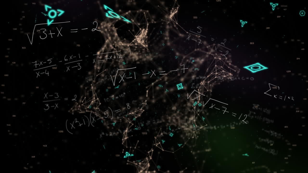 검은색의 연결 웹을 통해 방정식과 함께 빨간색 qr 코드 애니메이션.