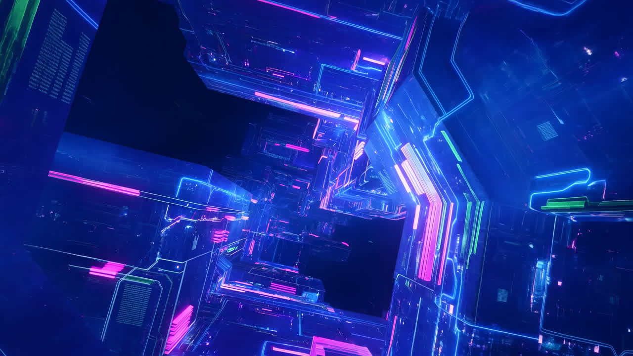 Flying Through a Futuristic Neon Digital Tunnel