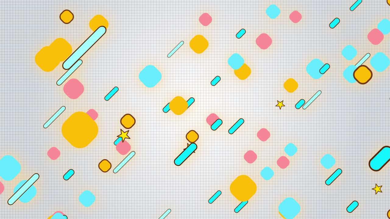 Loop cartoon style various geometric shapes gradient rounded rectangles colorful circles yellow
