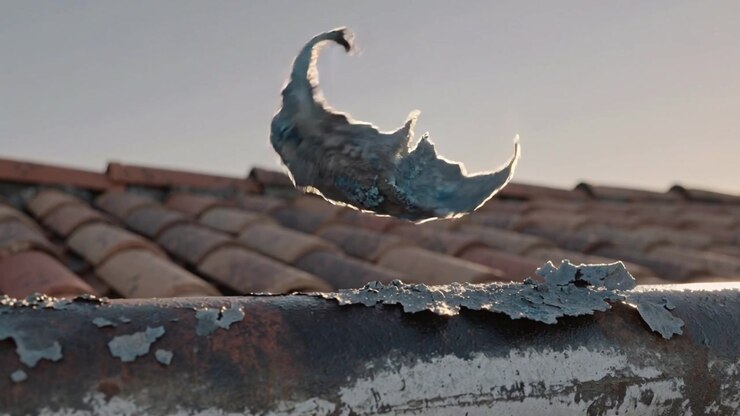 Lifting in breeze, curled fragment peeling free from gutter edge against terracotta tiles, sunlit