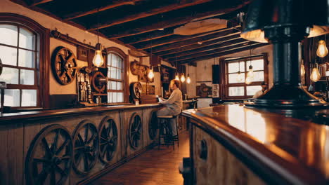 a vintage turntable in a warmly lit bar or pub setting