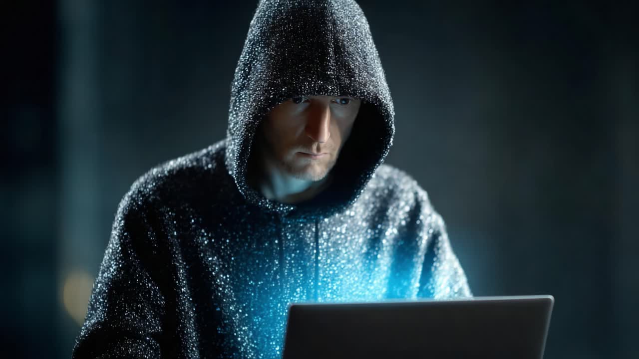 A Mysterious Figure in a Glittering Hoodie Engrossed in a Luminous Laptop Screen, Exploring Worlds of Digital Wonder and Intrigue in a Dark Setting