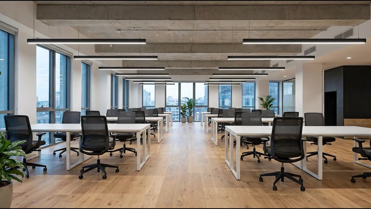 Large modern coworking workspace with rows of desks and clean ceiling design