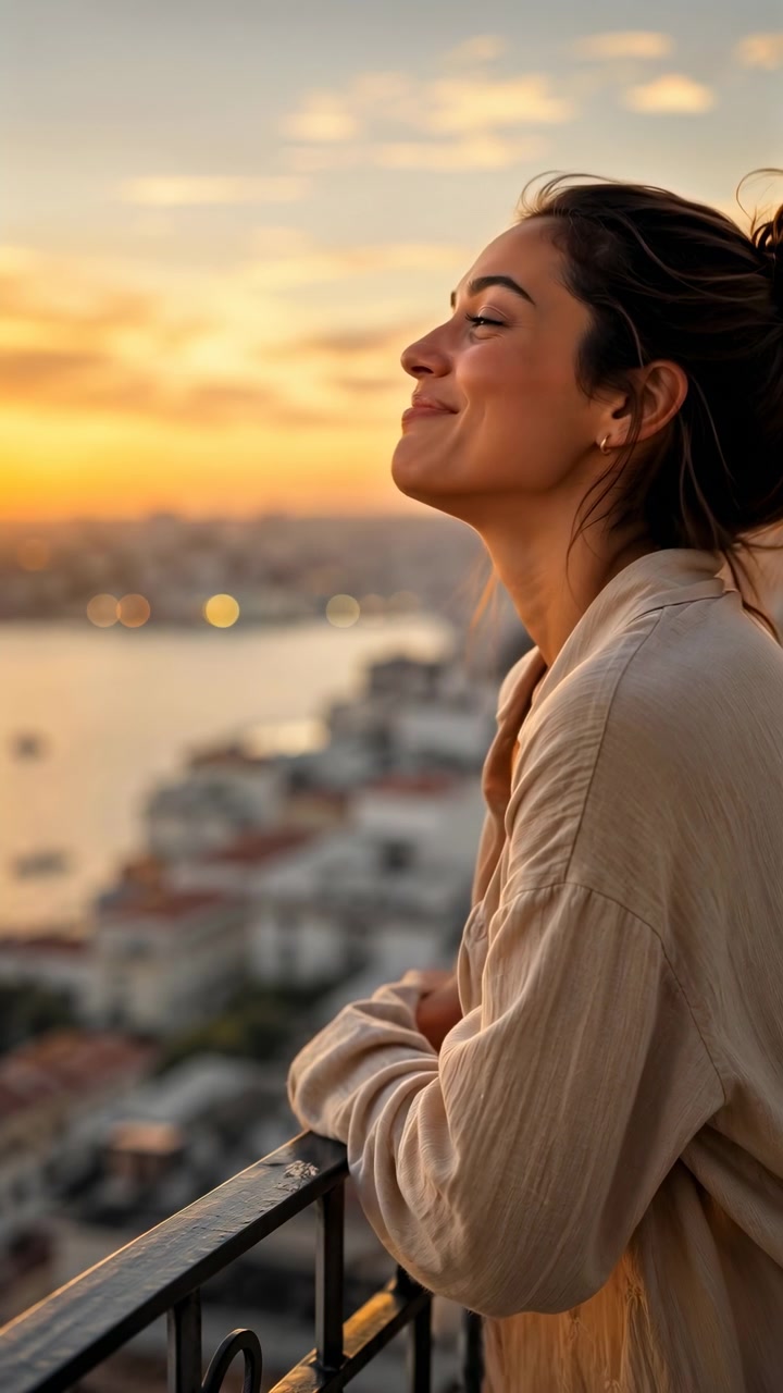 Una donna si rilassa e contempla uno skyline cittadino al tramonto dalla prospettiva di una ringhiera di un balcone in legno. La scena cattura un'atmosfera serena e dinamica con tonalità dorate e gialle.