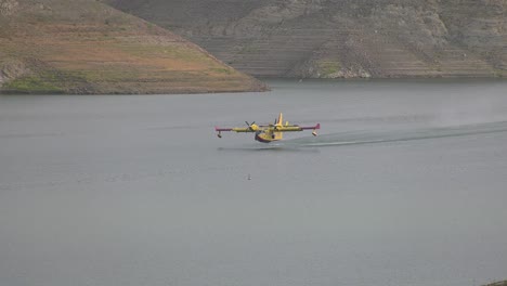 wasserbomber-löschflugzeug, das wasser aus dem see aufnimmt