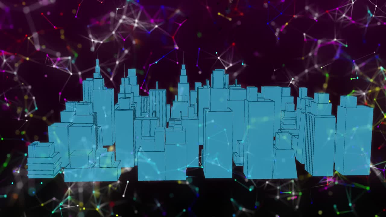 검은 바탕에 회전하는 3d 도시 모델에 대한 다채로운 연결 네트워크