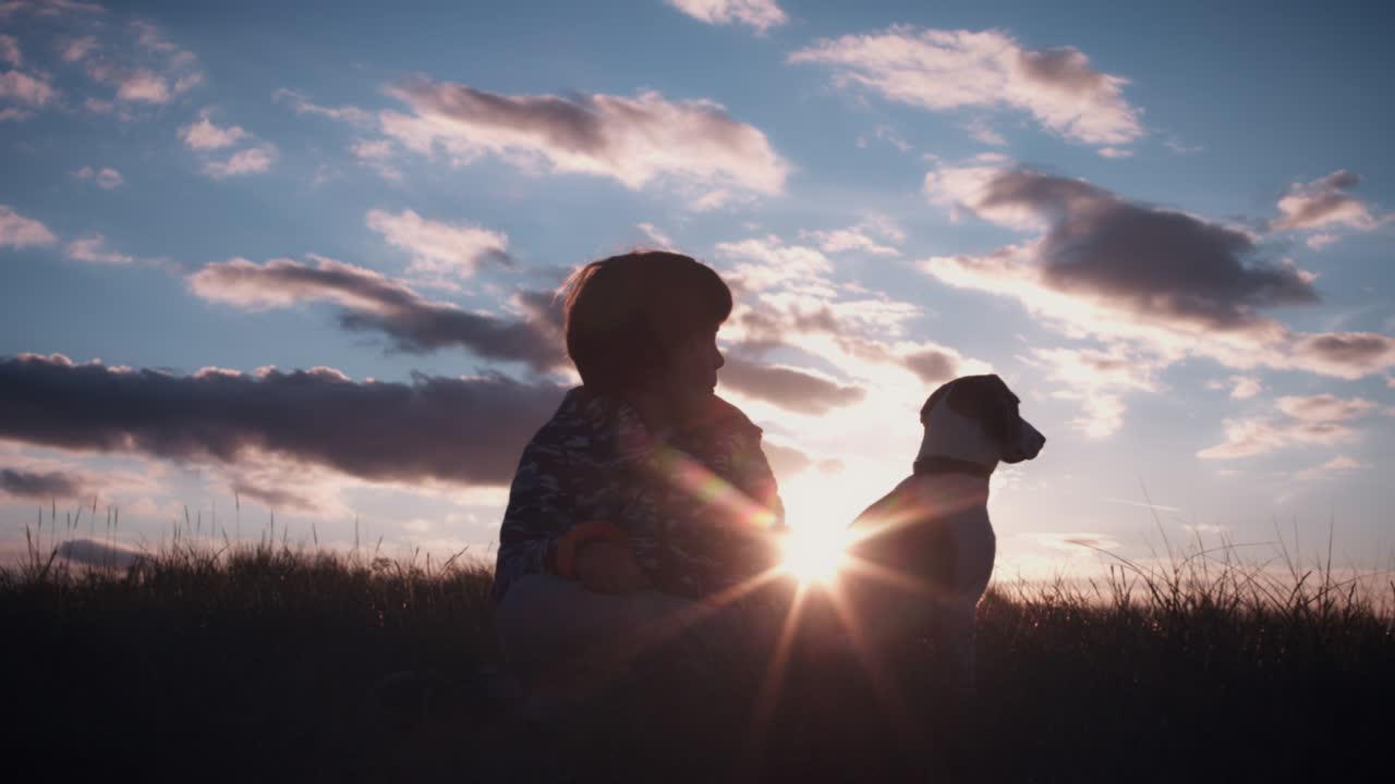 silueta al aire libre de un niño y un perro viendo la puesta de sol