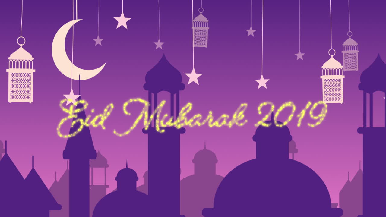 brillante felicitación de eid mubarak para 2019 con mezquitas y linternas con luna y estrellas