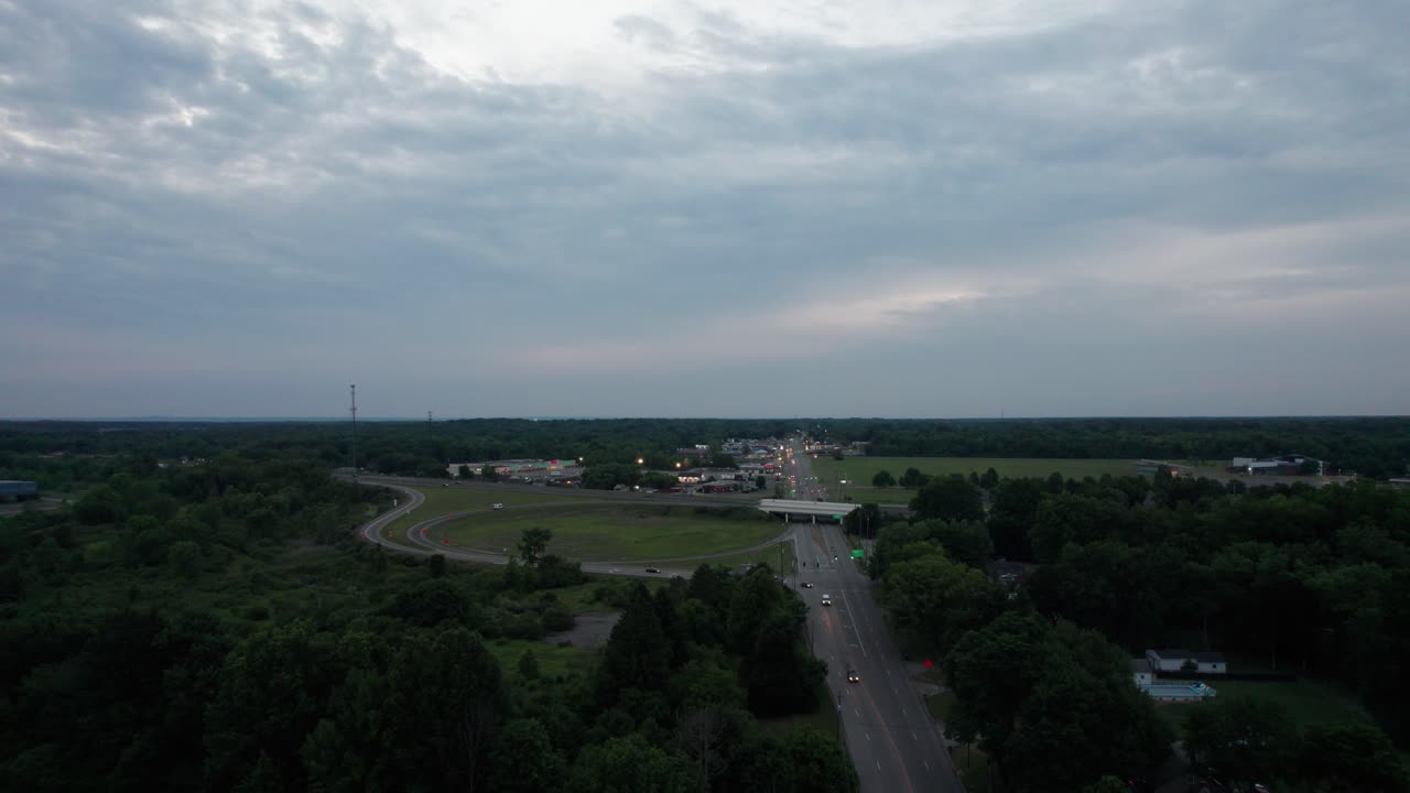 Drone footage of an Ohio roundabout taken in the foggy sky