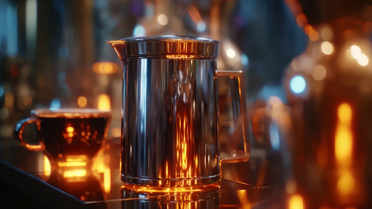 A stunning display of a shiny coffee pot captured against a backdrop of warm glowing reflections, emphasizing the elegance and style of the modern coffee experience in a visually captivating setting