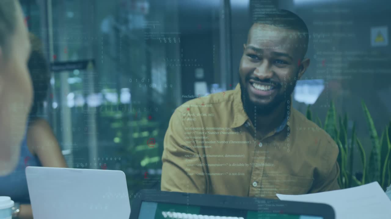 Animation of financial data processing over diverse business people working in office