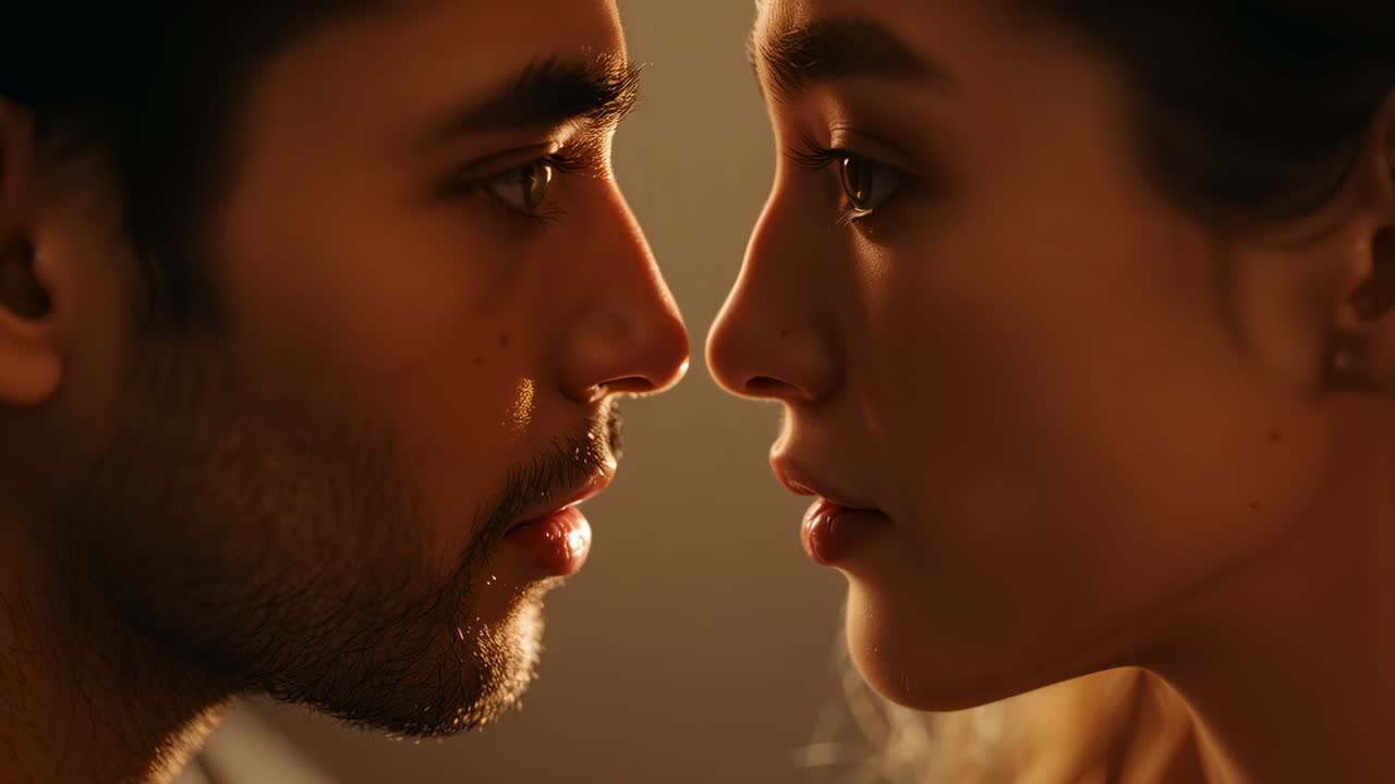 Raising hand, man touching brows with woman in dim studio light, offering comfort, tear visible