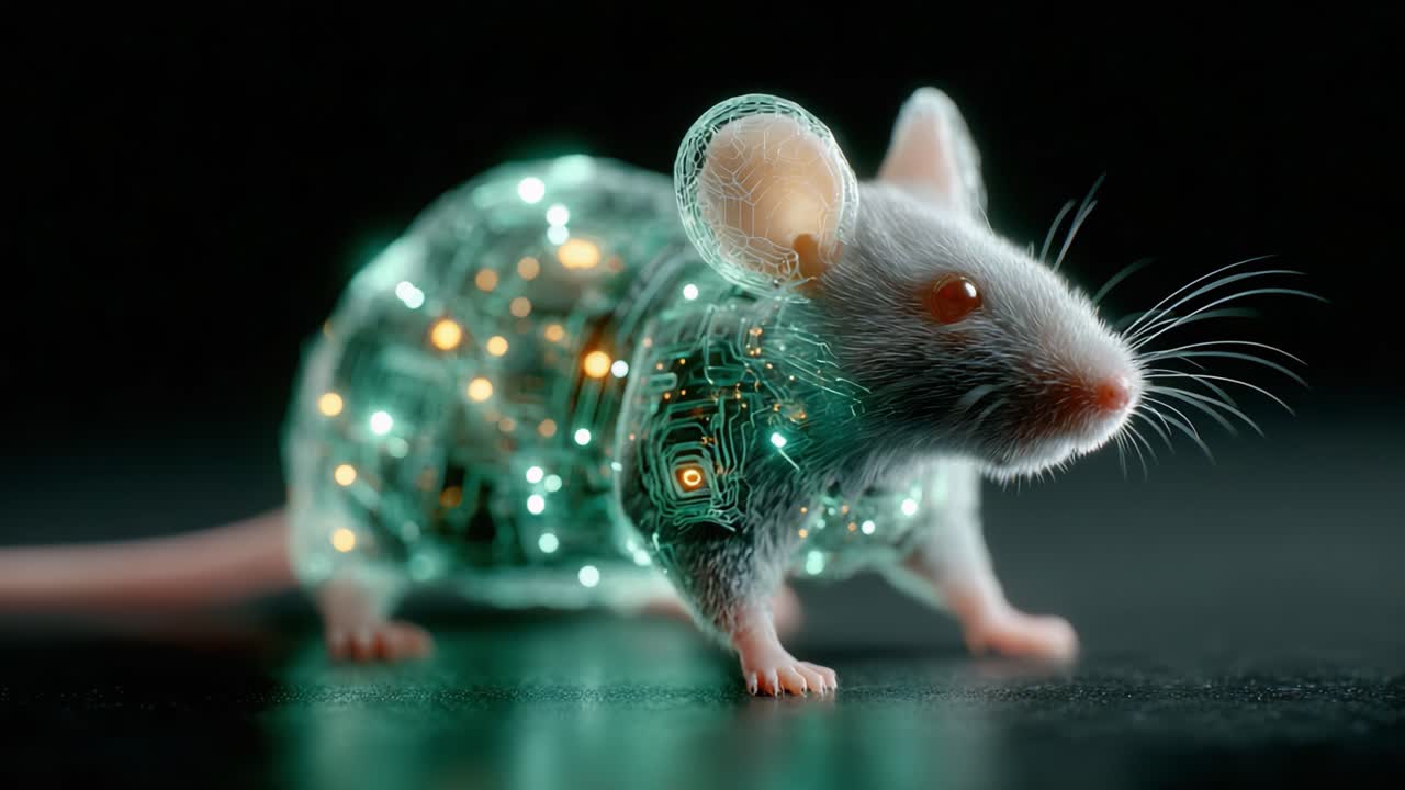 En futuristisk, cybernetisk mus forvandlet med glødende kredsløb og innovativ teknologi, der viser en blanding af natur og digitalt design i to spændende rammer