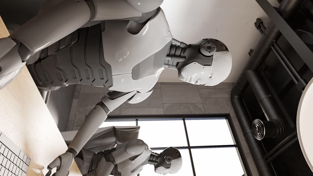 de pareja vertical colega de robot futurista humanoide cibernético trabajando juntos en la oficina con computadora portátil renderización de animación 3d inteligencia artificial ai tomando el control