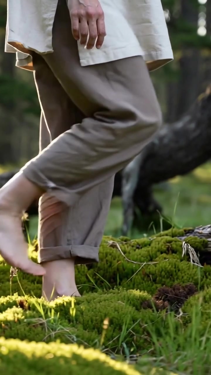 Vertical video: Foot lowering barefoot person in rolled pants walking moss in woods feeling calm