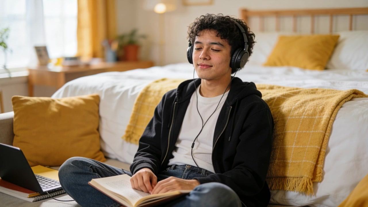 Closing open book, teen student in black hoodie sitting in bedroom listening on headset to relax