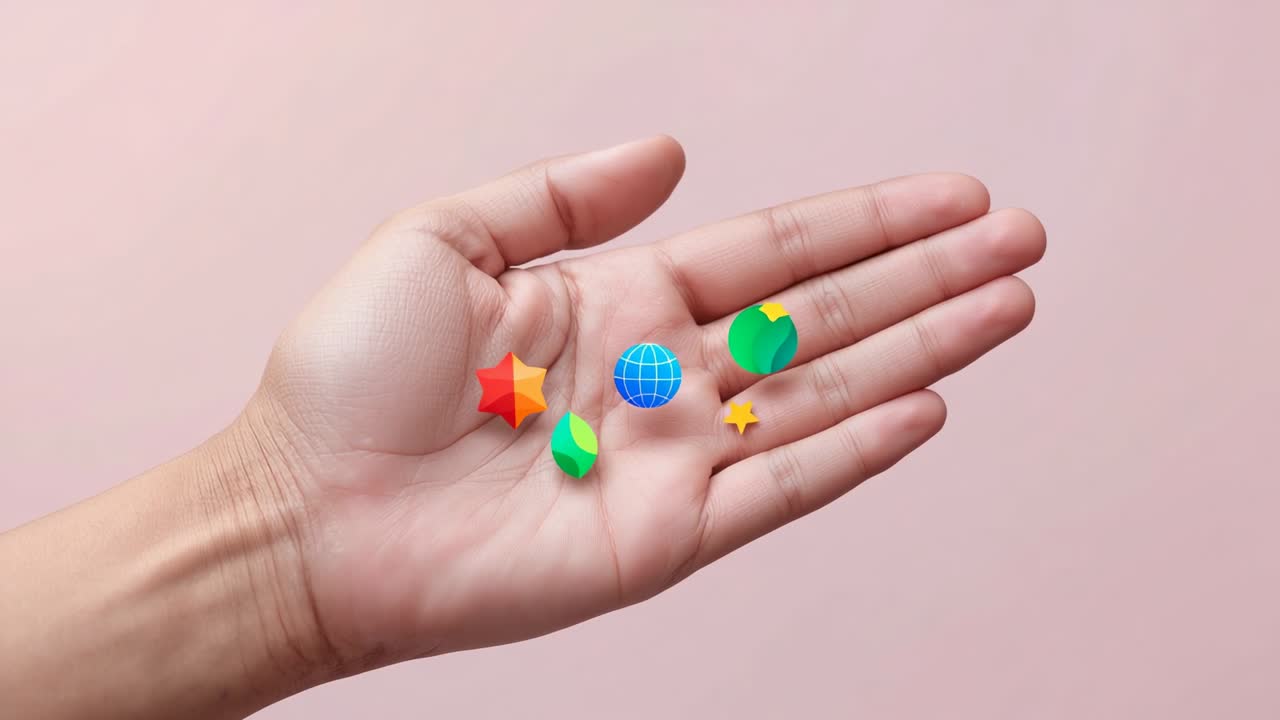 Entering adult right hand initiating 3D icons floating above palm against pale pink backdrop