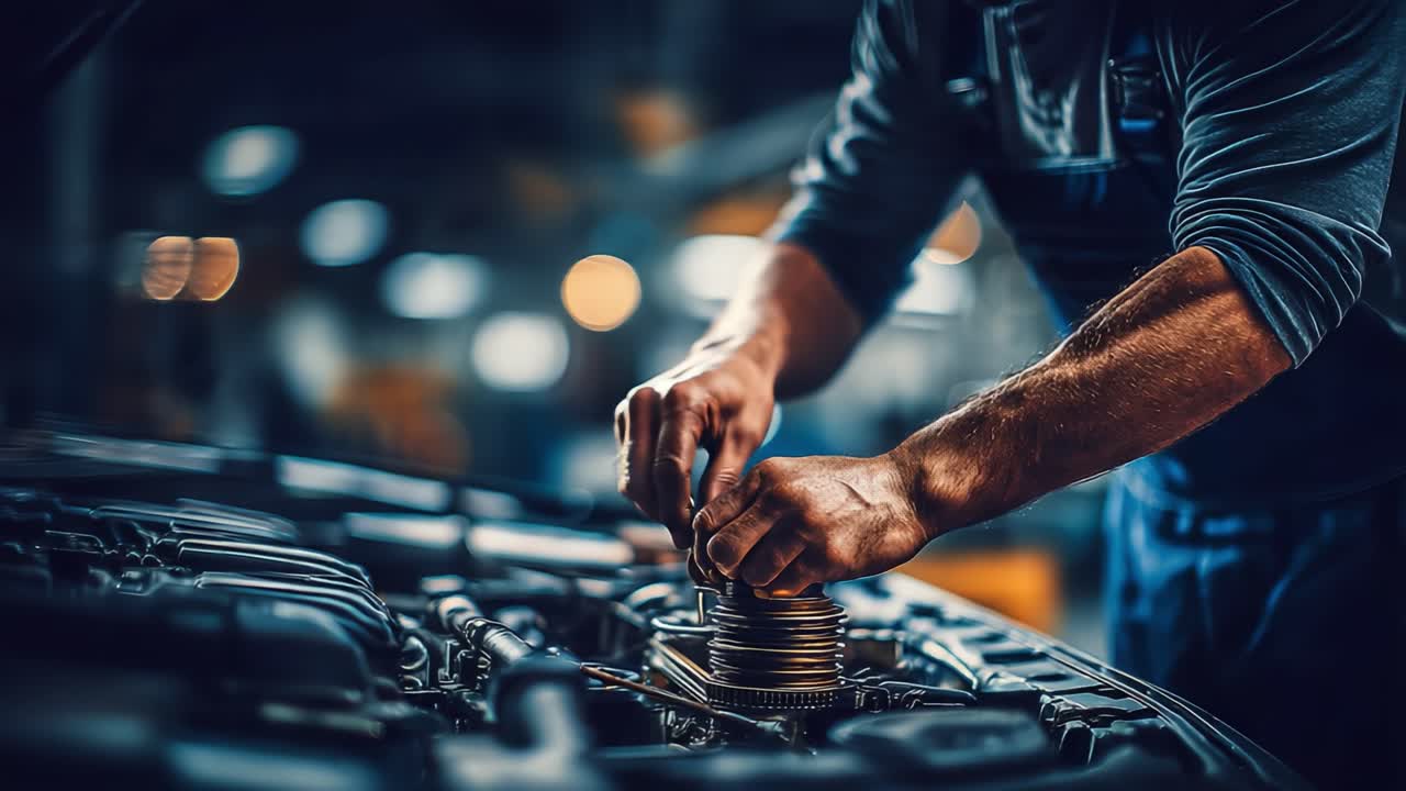 Mechanic Working on Engine Components: A Focused Craftsman Hands-On with Precision Tasks in a Workshop Environment