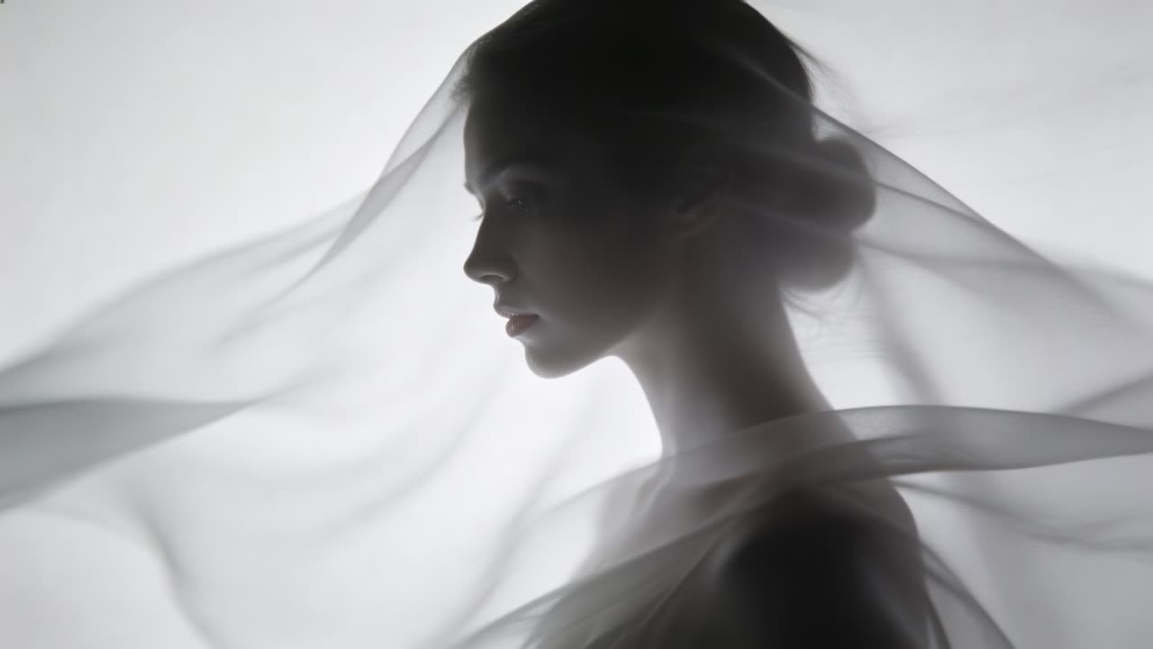 Sweeping veil starting motion as woman holding profile at studio for portrait shoot, with backlight