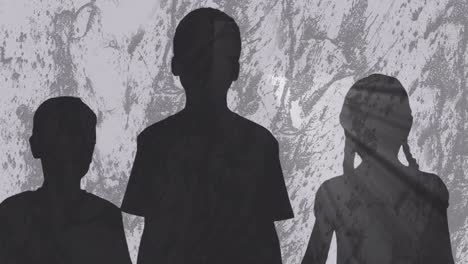 Animation-of-people-silhouettes-over-shapes-on-grey-background