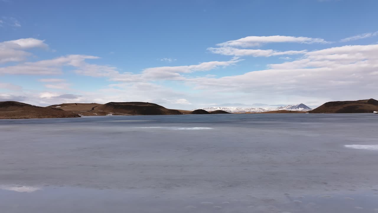 aerial of frozen Lake Mývatn and volcanic hills near Skútustaðir and Reykjahlíð in Iceland