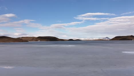 aerial of frozen lake mývatn and volcanic hills near skútustaðir and reykjahlíð in iceland