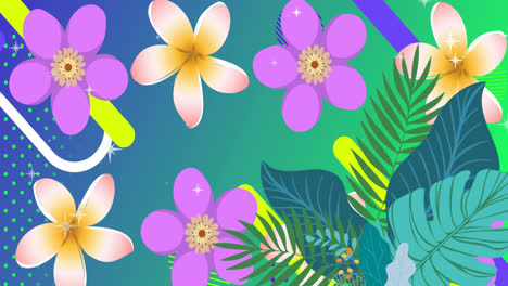 animation of geometric shapes over flowers, plantation against sparkles against gradient background