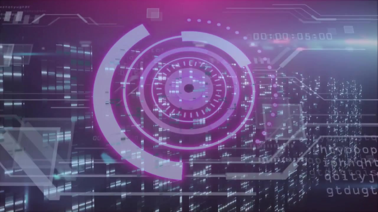 Futuristic HUD display showing glowing concentric rings, streaming code rotating geometric overlays