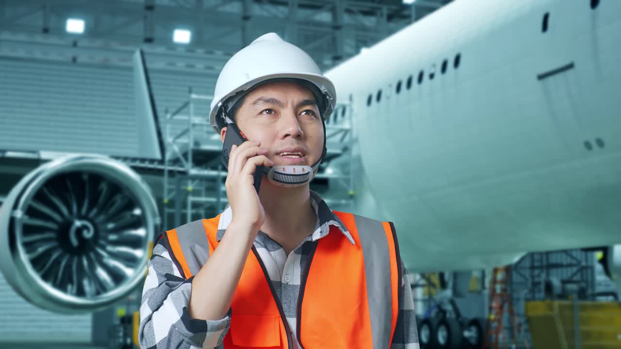 항공기 유지 보수 엔지니어가 전화로 이야기하고 있습니다.
