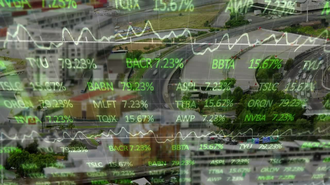 도시 풍경 위의 금융 데이터 처리 애니메이션