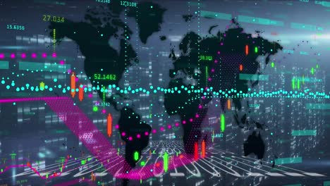 Animación-Del-Procesamiento-De-Datos-Con-Mapa-Mundial-Sobre-Columnas-Móviles-Sobre-Fondo-Negro