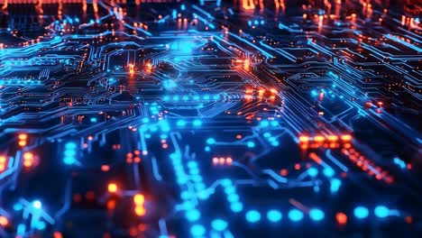 a close up of a circuit board with blue and red lights