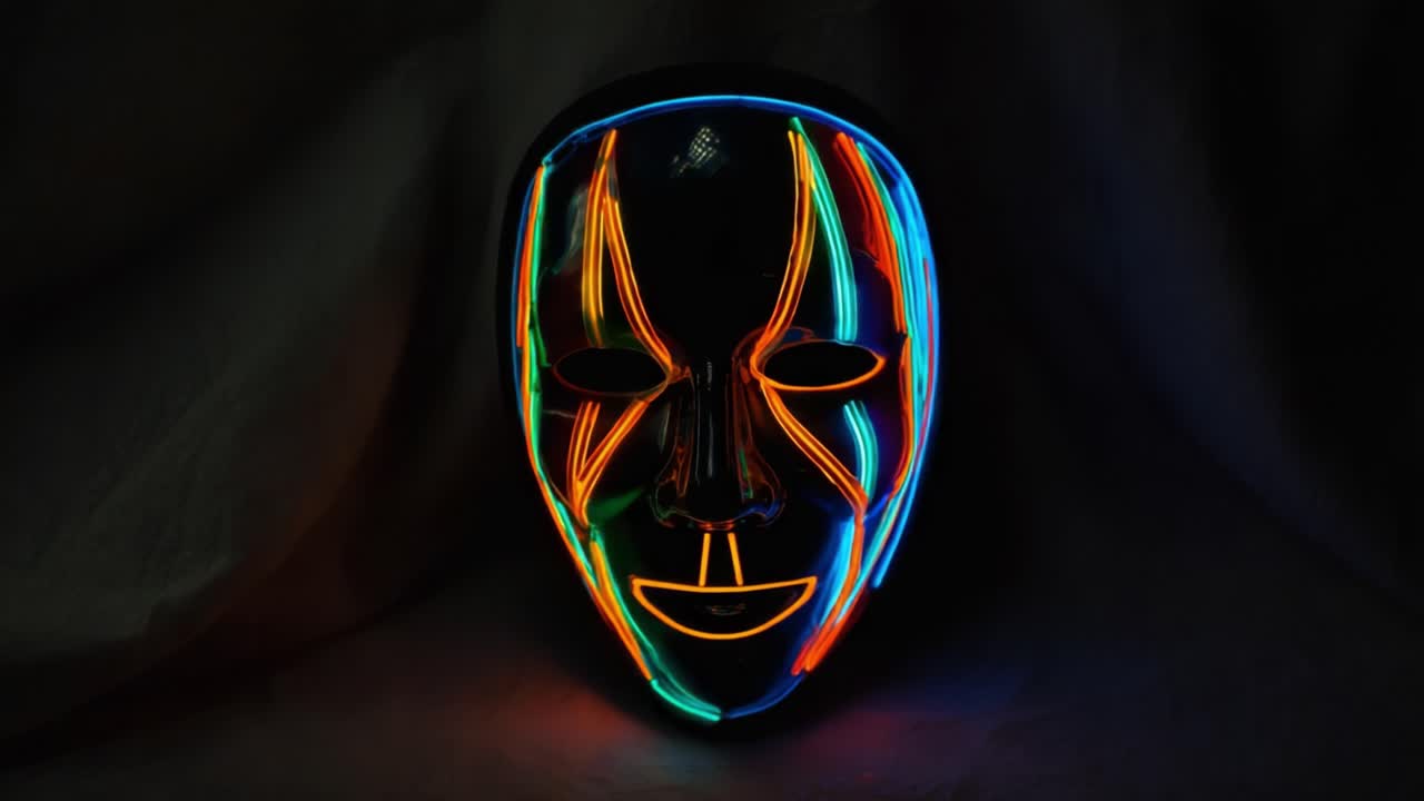 A captivating neon mask shines vividly against a dark backdrop, showcasing colorful lights that create an artistic and mesmerizing visual experience, perfect for themed events or performances