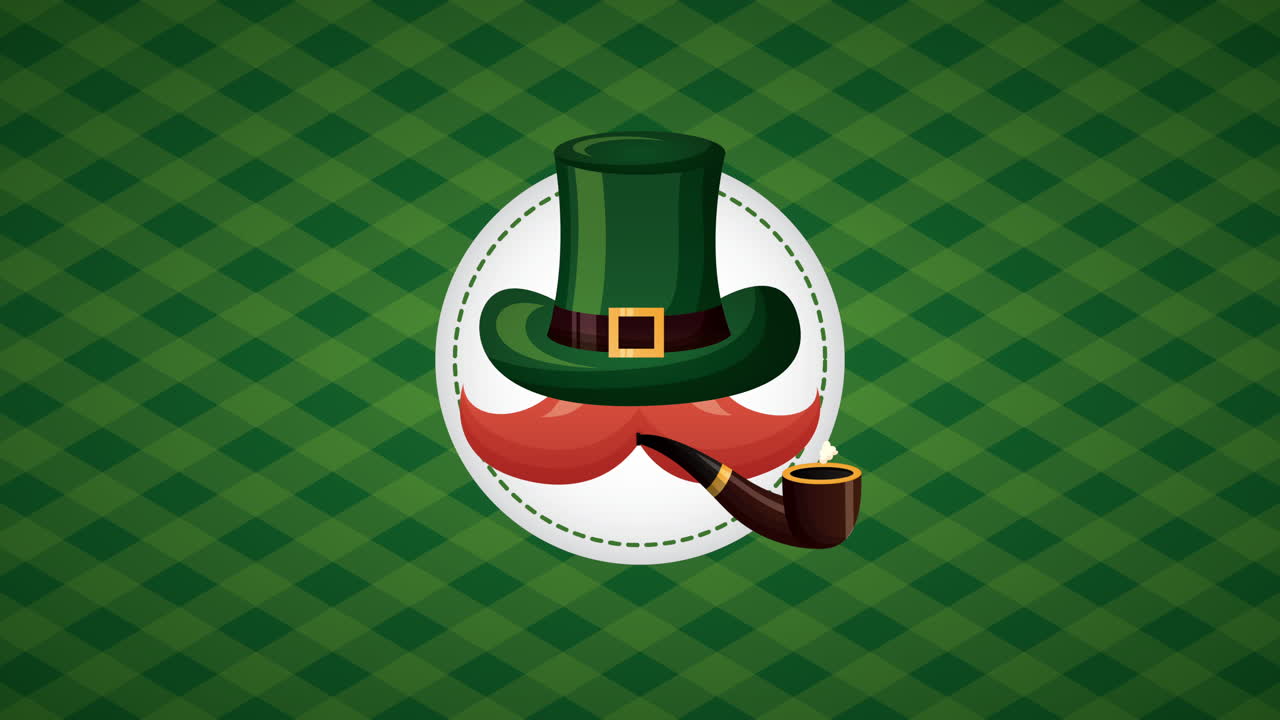 tarjeta animada del día de san patricio con sombrero de elfo y pipa de madera