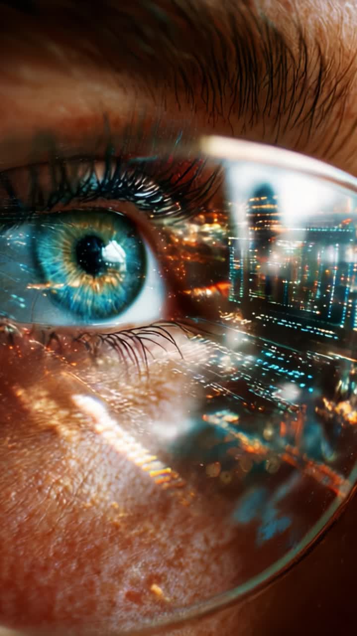 An Intimate Close-Up of a Reflective Eye Capturing a Vibrant Urban Landscape Through Glasses, Emphasizing Detail and Depth in Artistic Vision