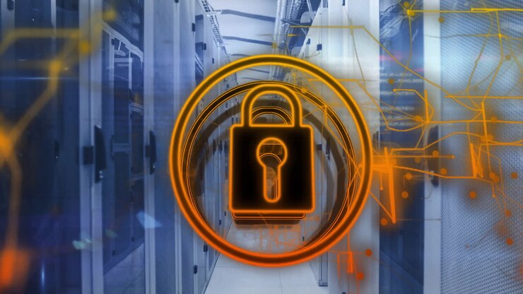 Animazione di icona lucchetto ed elaborazione dati su sala server