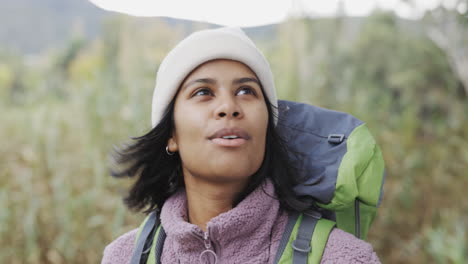 Woman,-face-and-hiking,-forest-with-fitness