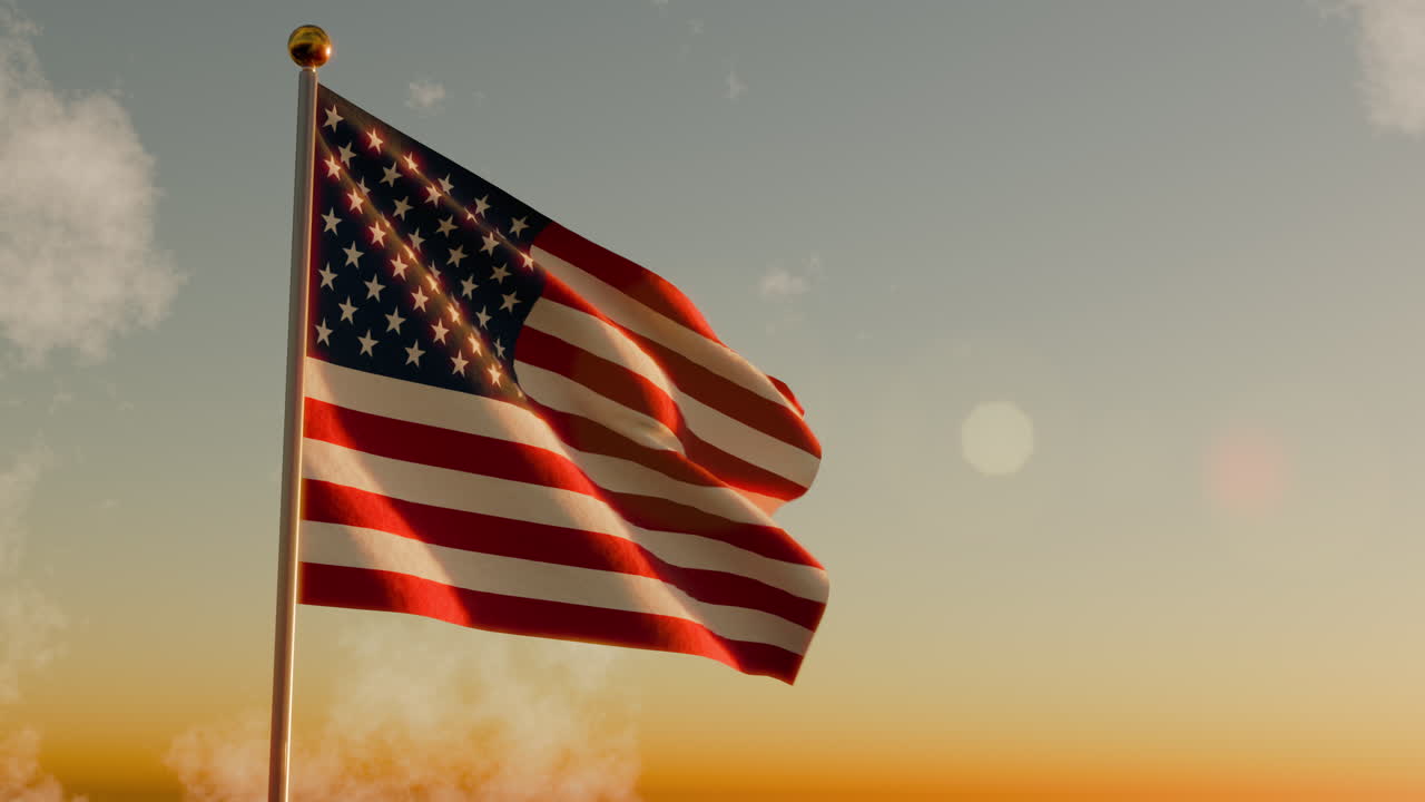 Waving American Flag For Remembrance Of Memorial Day At Sunset Sky