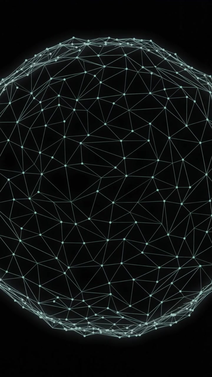 Animazione di una sfera di rete geometrica su una sala server con illuminazione verde