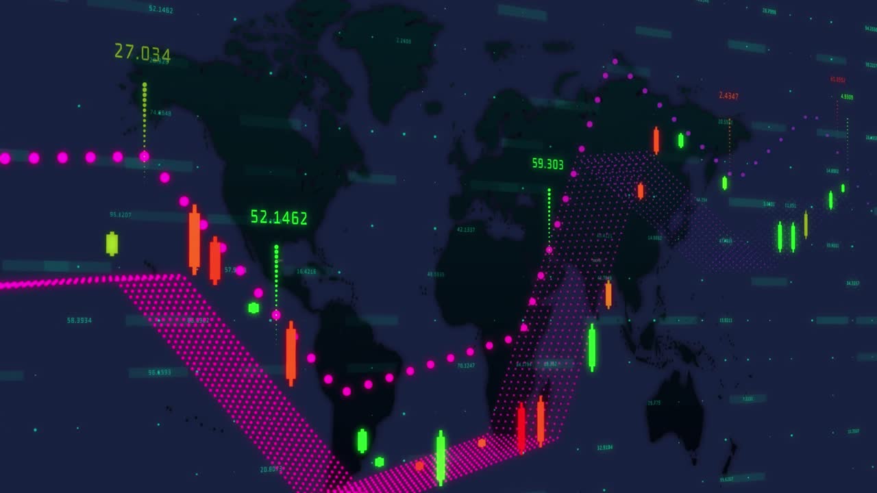 animación del procesamiento de datos financieros sobre el mapa del mundo