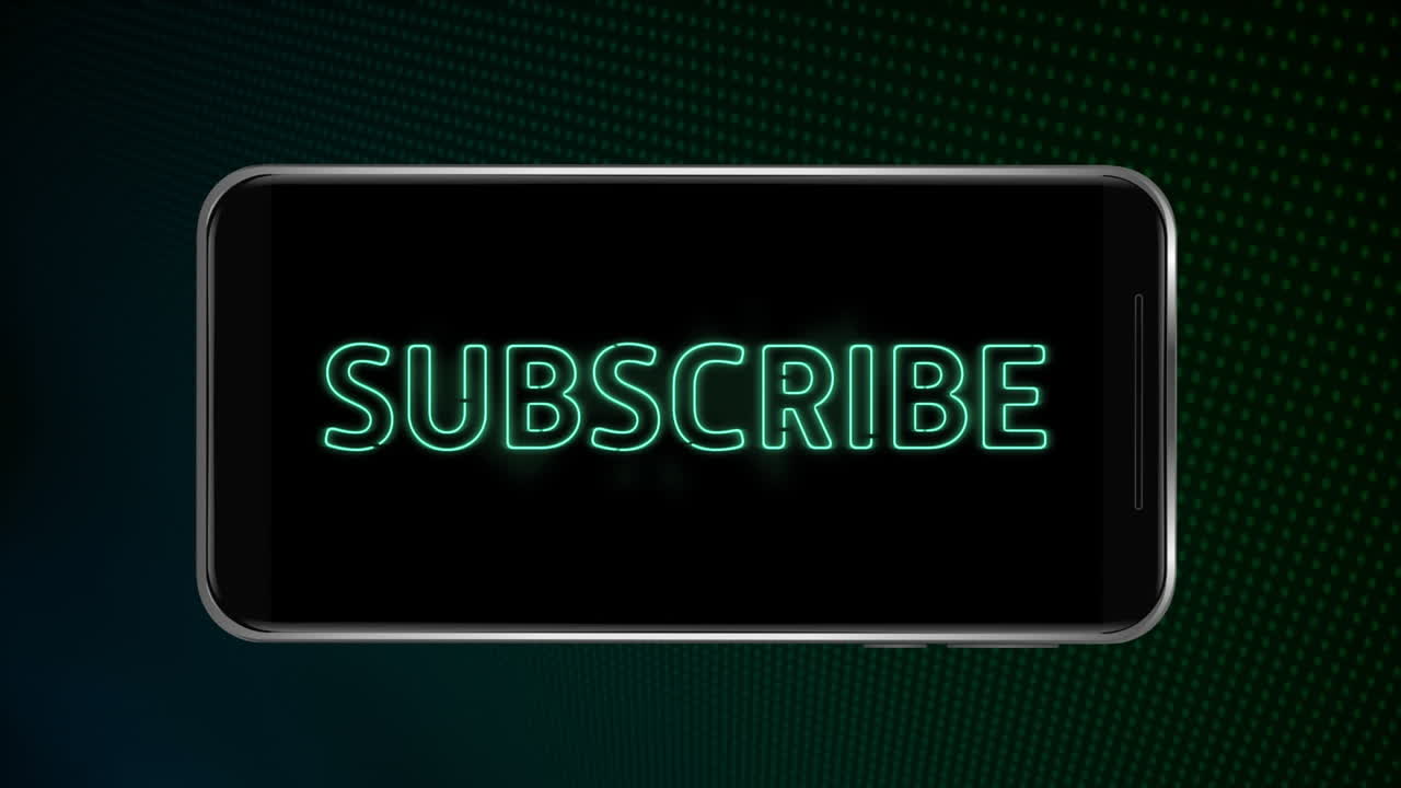 animación de la palabra verde suscribirse parpadeando en la pantalla negra de un teléfono inteligente sobre fondo negro
