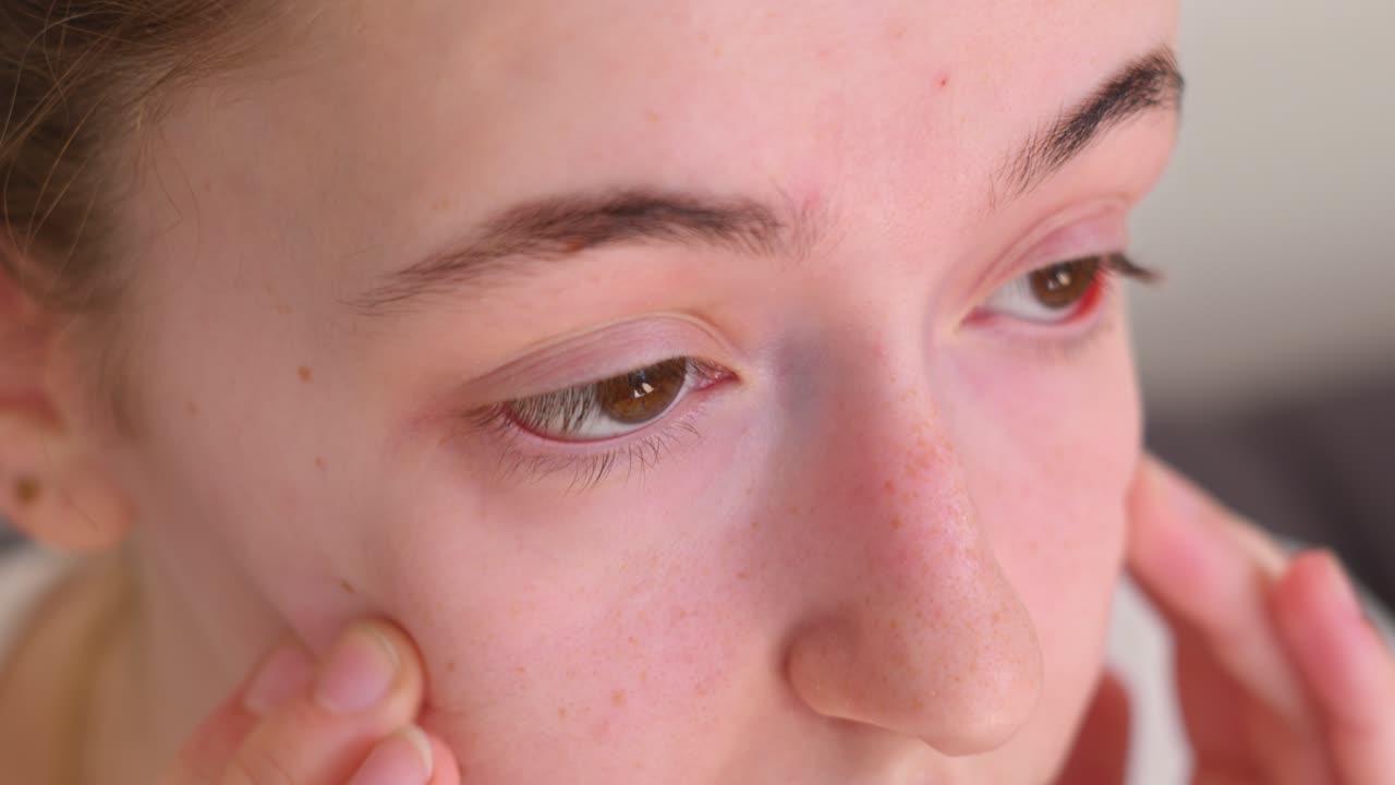 Girl running her fingers over her closed eyes to relieve discomfort. Close up