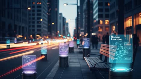 futuristic city scene with digital displays showcasing machine learning concepts amidst urban landscape at twilight