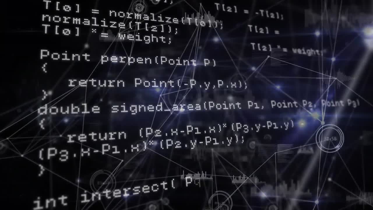 animación del lenguaje informático sobre puntos conectados e íconos de gráficos contra un fondo negro